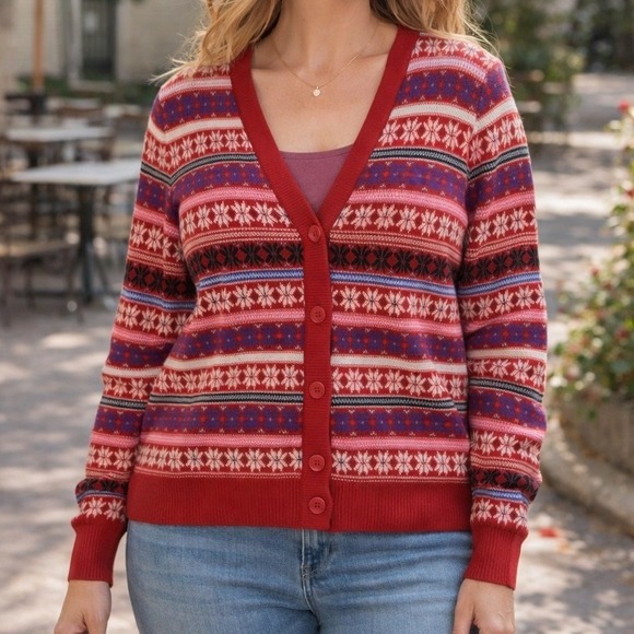 Lane Bryant Sweaters - Lane Bryant Fair Isle Cardigan Sweater Women's 14/16 Red Cotton Lane Bryant